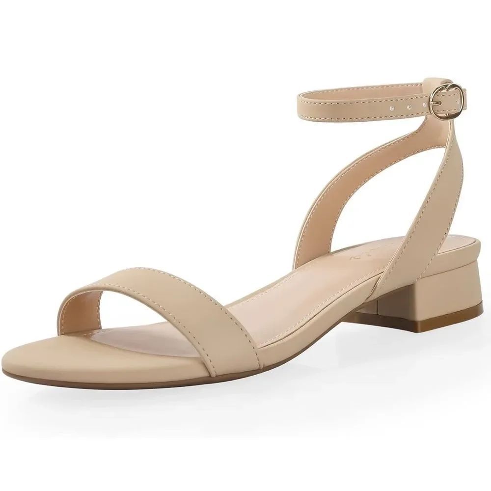 Ankis Nude Strappy Sandals Low Block Heel Ankle Strap Women's Size 6 Beige